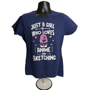 Just a Girl Who Loves Anime and Sketching Graphic T-Shirt – Navy Blue Size Large